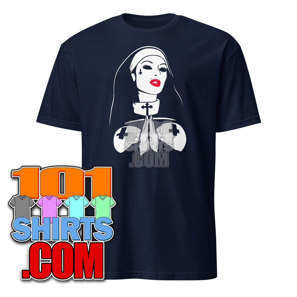 Funny satanic nun t-shirt featuring a graphic design of a nun with crossed hands