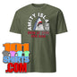 Green Jaws parody t-shirt from 101SHIRTS featuring Amity Island shark design and swim at your own risk text