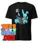101SHIRTS black t shirt with turquoise cartoon bunnies and text featuring kinky rabbit adult art shirt design