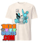 101SHIRTS kinky rabbit adult art shirt featuring two blue cartoon bunnies one wearing a mask and heart motif on cream tee