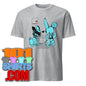 Gray 101SHIRTS T shirt featuring two blue cartoon bunnies one masked and playful kinky rabbit adult art shirt