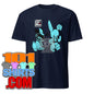 101SHIRTS navy t shirt with turquoise cartoon bunnies and playful design kinky rabbit adult art shirt