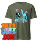 101SHIRTS olive tee with two blue cartoon bunnies one masked playful design kinky rabbit adult art shirt