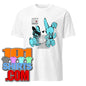 101SHIRTS white T shirt featuring kinky rabbit adult art shirt design with two blue bunnies in playful adult costume