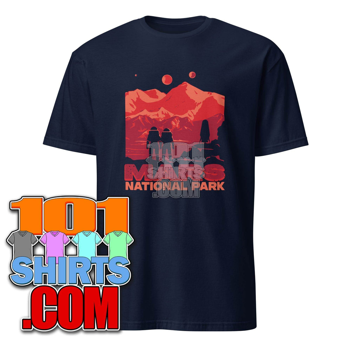 Navy Mars National Park t-shirt featuring a vibrant graphic of mountains and silhouettes