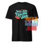 Black music teacher t-shirt with colorful text Being a music teacher is my jam graphic