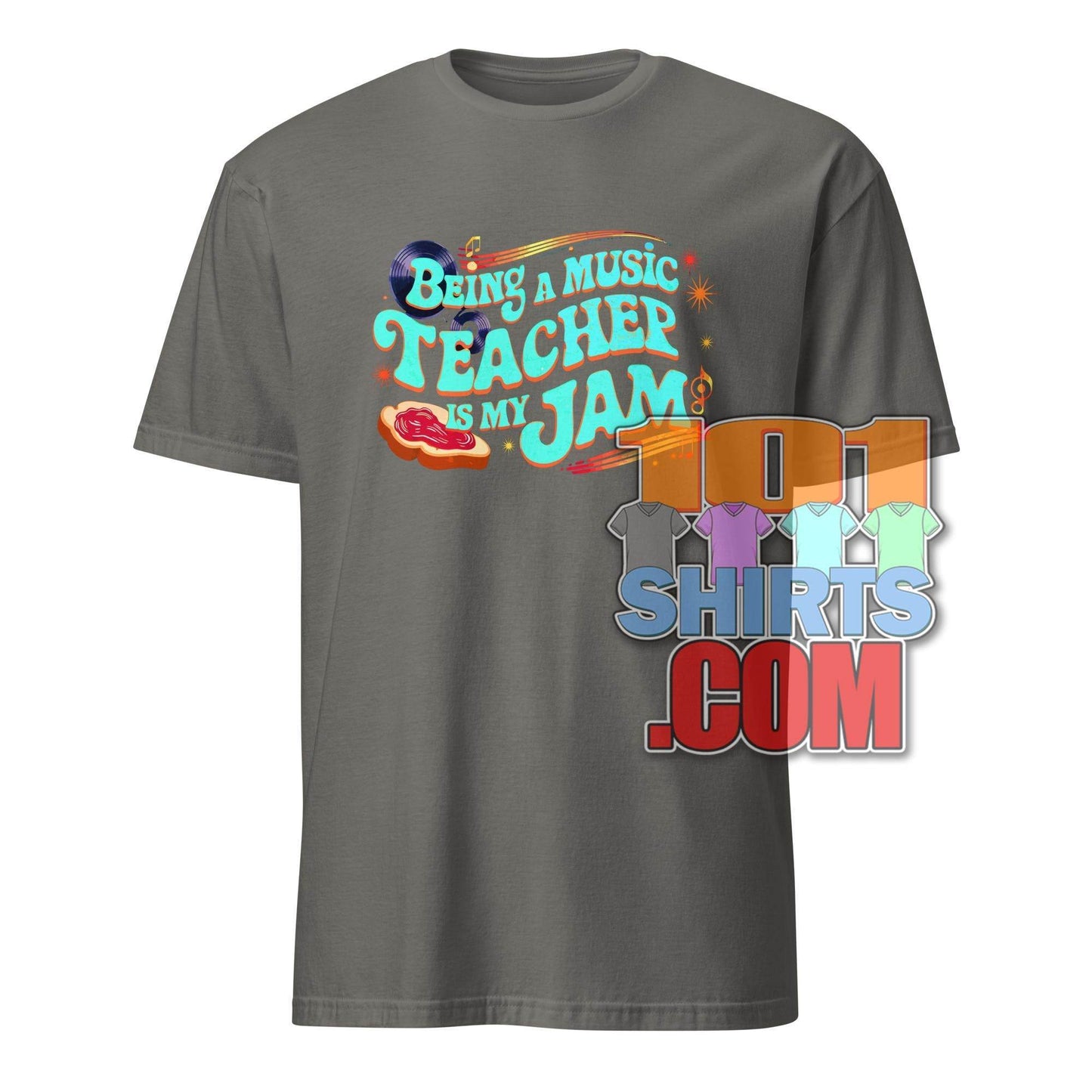 Gray music teacher t-shirt with colorful Being a music teacher is my jam text and vinyl record graphic