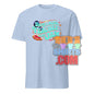 Light blue music teacher t-shirt with colorful retro text design saying Being a music teacher is my jam