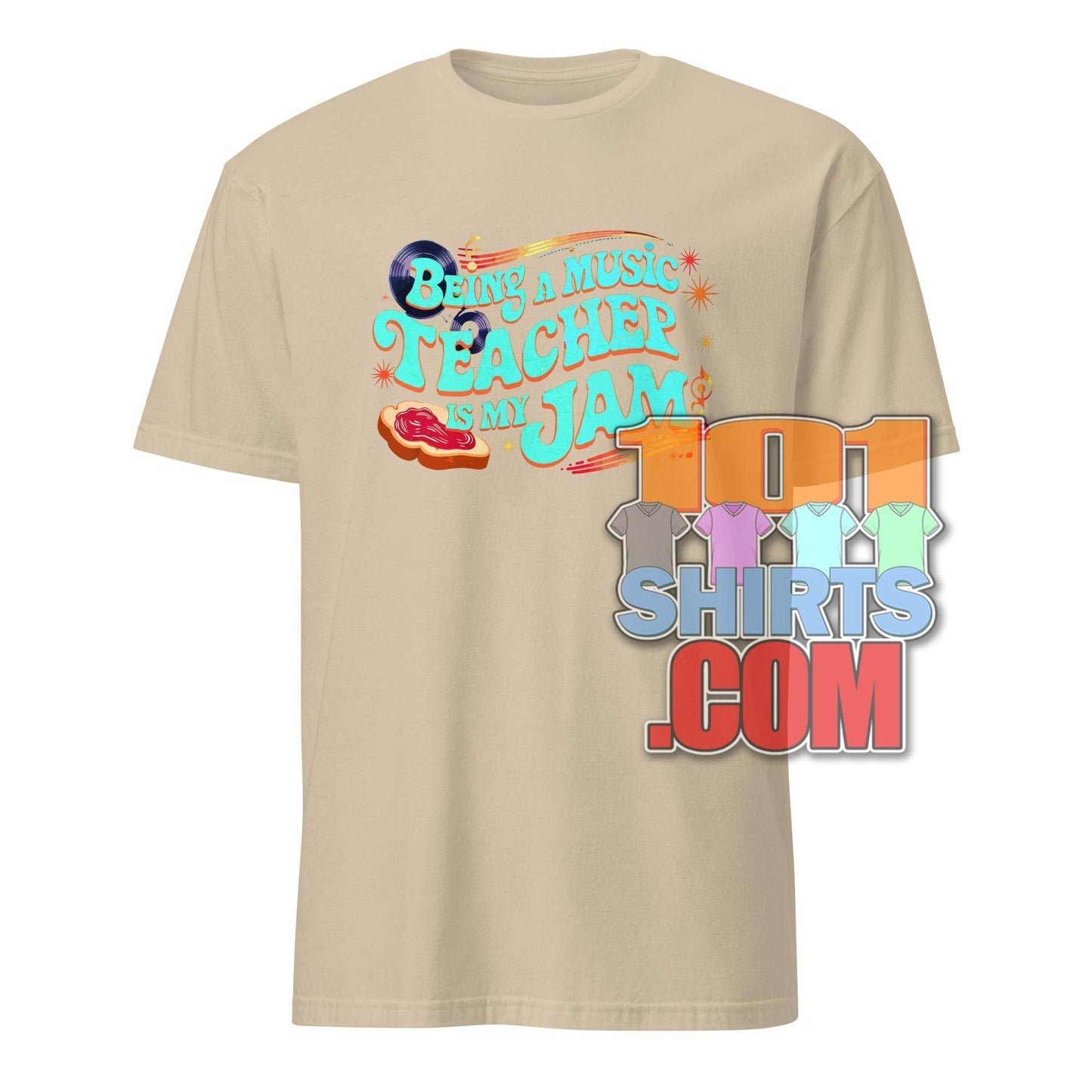 Beige music teacher t-shirt with colorful text design saying Being a music teacher is my jam