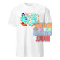 White music teacher t-shirt with colorful text design reading Being a music teacher is my jam