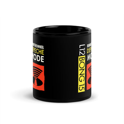 Black 1987 Depeche Mode mug with vintage band graphic and bold yellow and red text