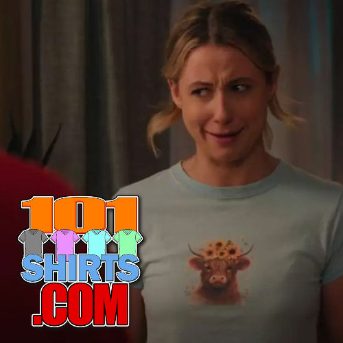 Adults TV Show 2025 Tee Lucy Freyer Brown Cow with Sunflowers Shirt.