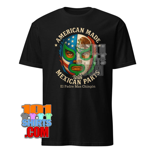 American Made with Mexican Parts Lucha Libre Mask T-Shirt - Patriotic USA Mexico Wrestling Tee - 101SHIRTS