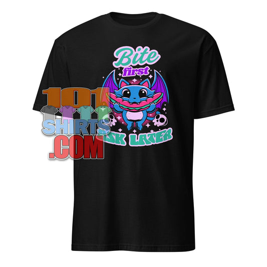 Bite First Ask Later Vampire Bat Hot Dog T-Shirt - Spooky Cute & Hungry Tee - 101SHIRTS
