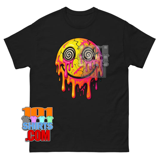Drippy Hypnotic Smiley Face T-Shirt: Trippy, Edgy, & Unique Statement Piece!