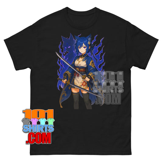 Dual Wielding Katana Anime Girl T-Shirt Mysterious Fox Spirit Warrior Tee