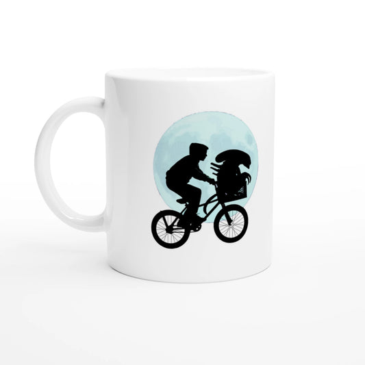 E.T. Bike Ride Parody Mug - Alien Encounter, Cult Film Homage, Funny Sci-Fi Coffee Cup