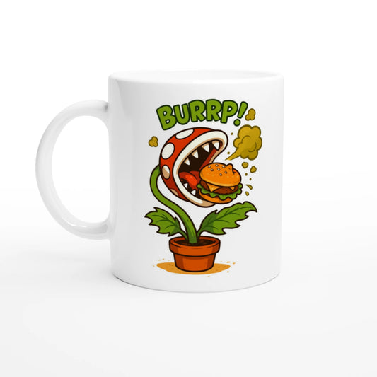 Funny Meat-Eating Plant Mug - Unique Gamer Gift, Burger Lover Coffee Cup