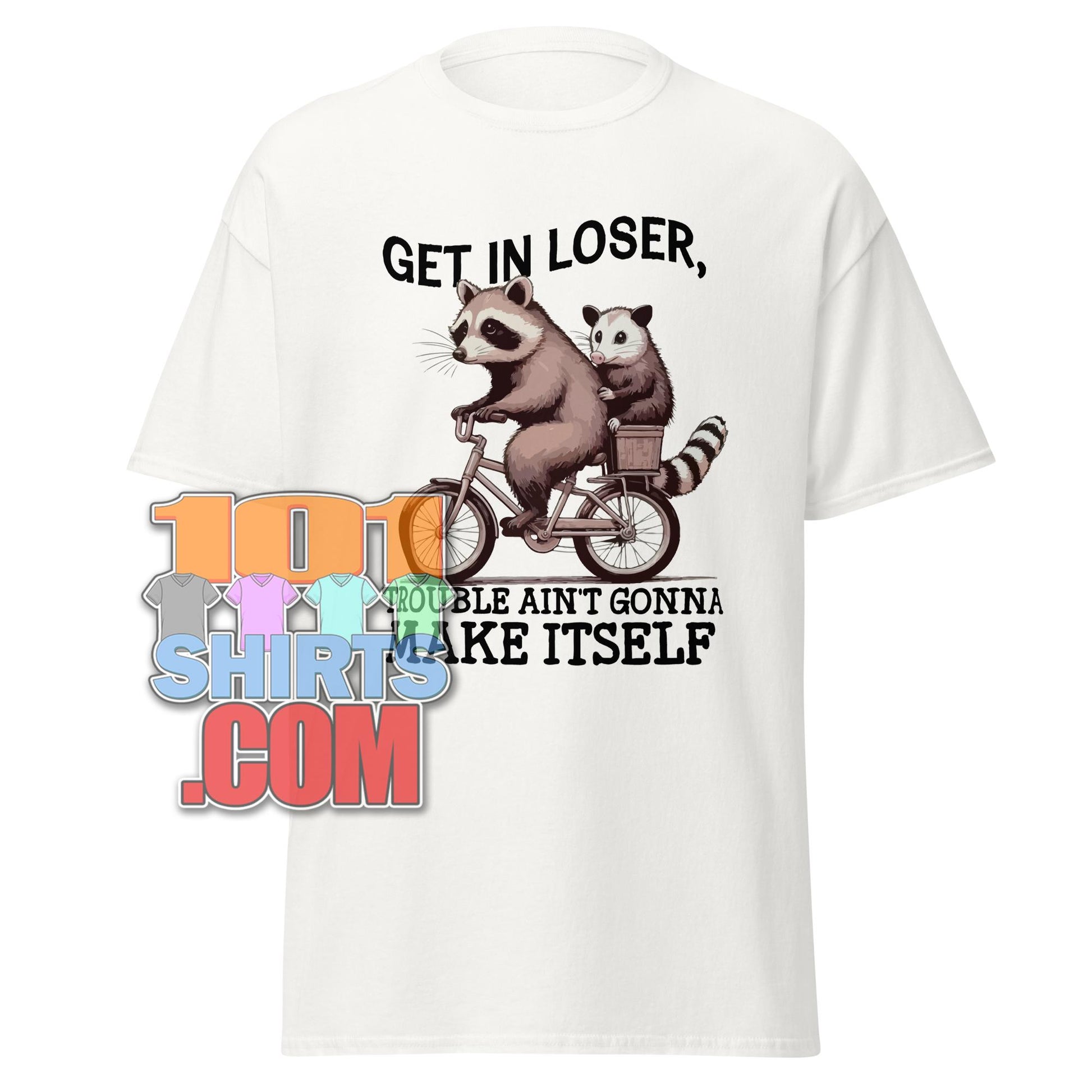 Get In Loser Raccoon Opossum T-Shirt: Funny Animal Bike Tee - Mischief Gift Tee