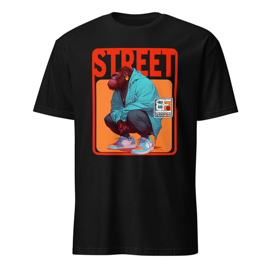 101SHIRTS black Tshirt with crouching gorilla in teal hoodie and sneakers gorilla streetwear t-shirt