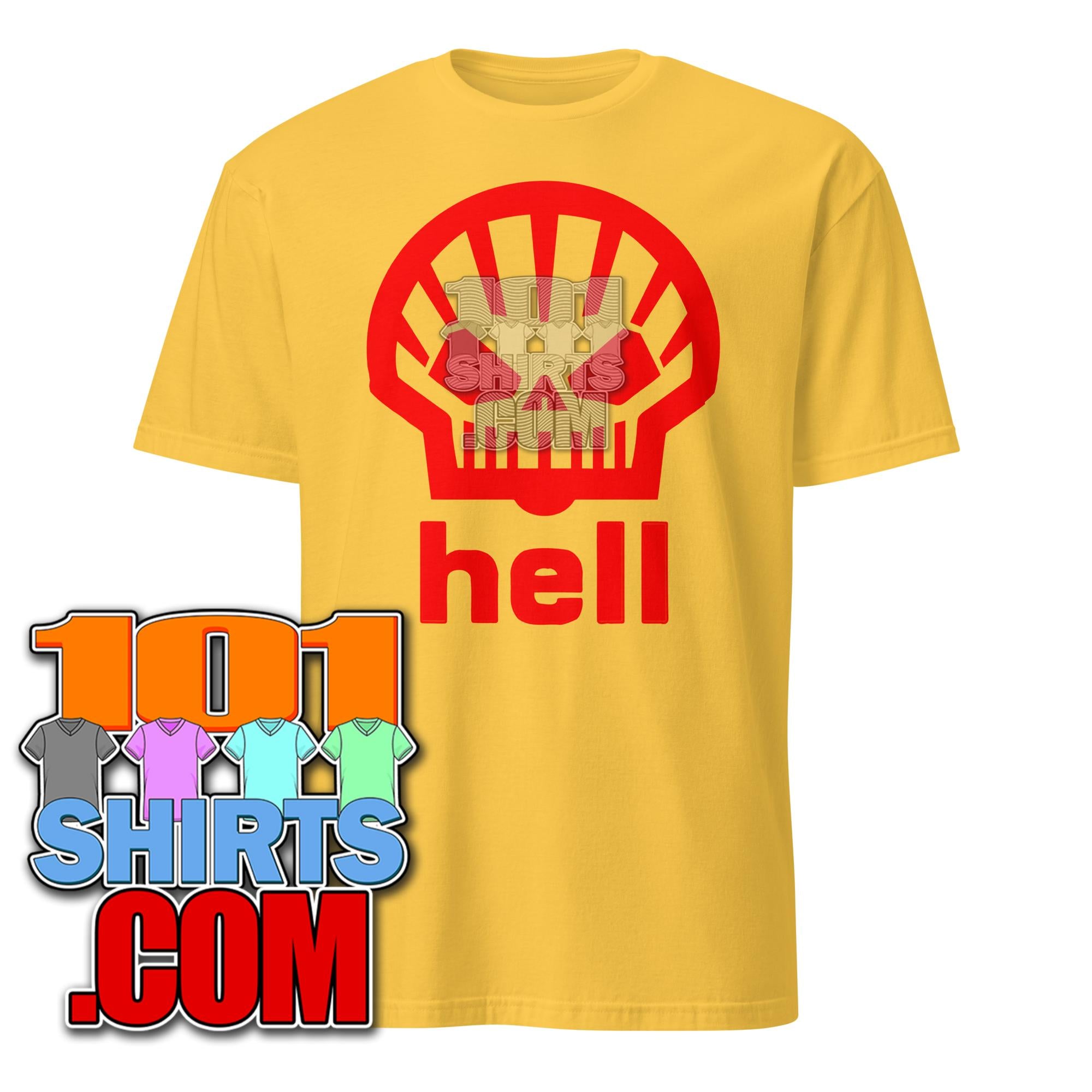 Shell Hell Parody Sticker Hell yellow Tee Funny red Shell Logo Parody worn by Heath Ledger T-Shi ...