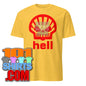 Hell yellow Tee Funny red Shell Logo Parody worn by Heath Ledger T-Shirt