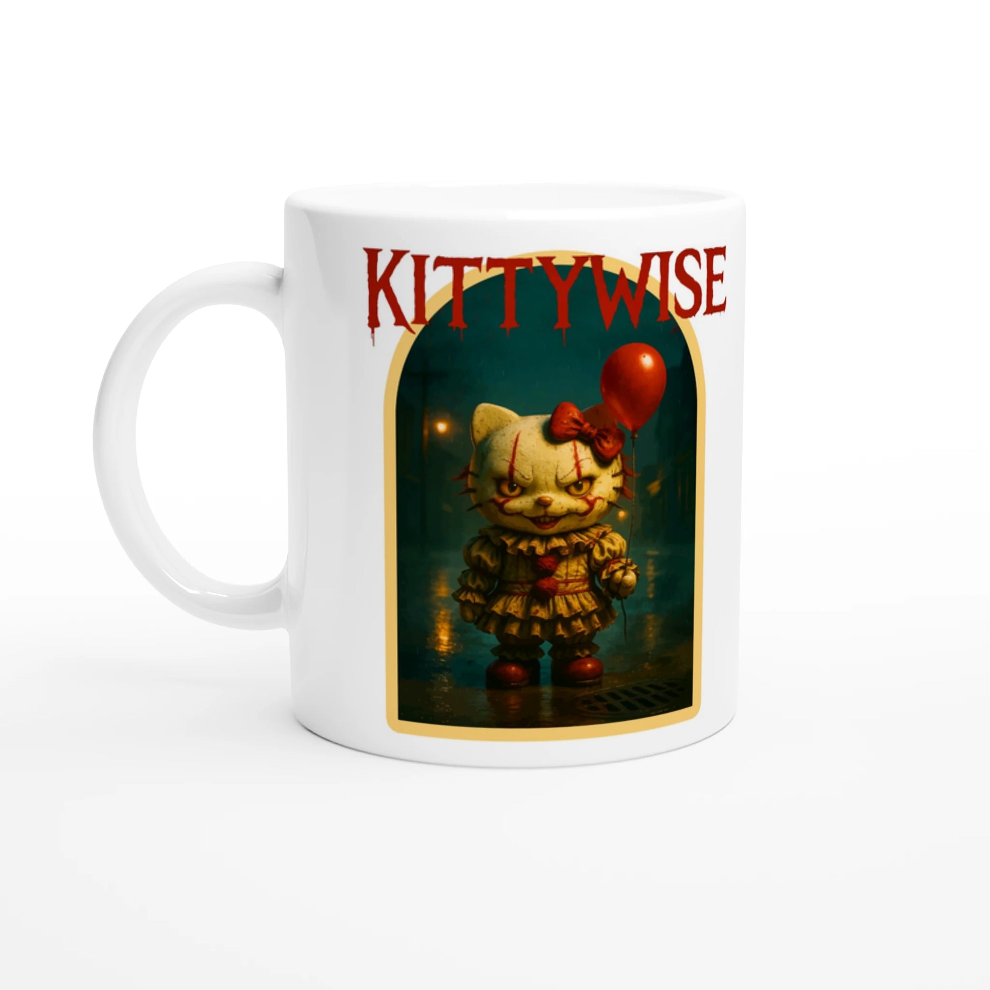 Kittywise Mug - Hello Kitty & IT Horror Mashup, Spooky Clown Fan Gift, Unique Coffee Cup
