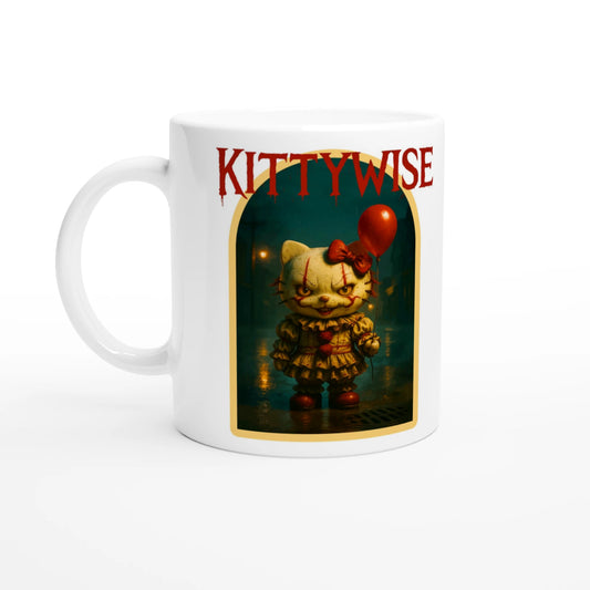 Kittywise Mug - Hello Kitty & IT Horror Mashup, Spooky Clown Fan Gift, Unique Coffee Cup