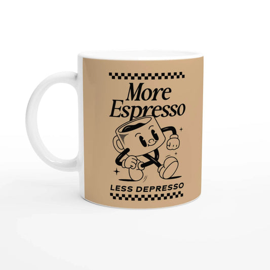 "More Espresso Less Depresso" Mug - Funny Coffee Lover Gift, Retro Cartoon Cup