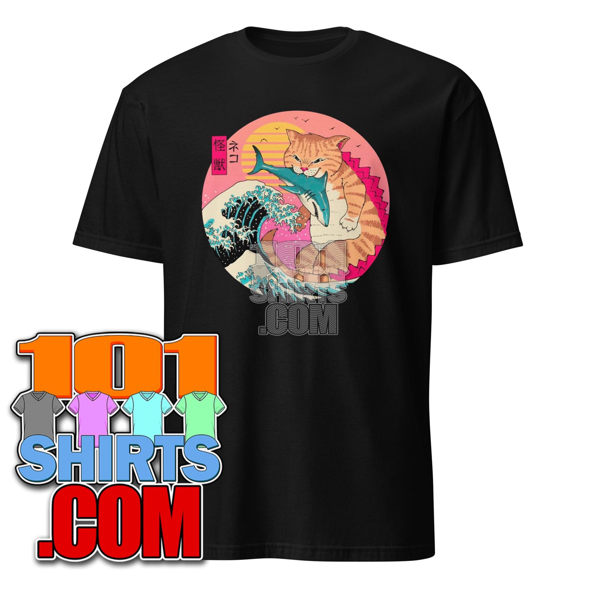 Neko Wave Kaiju - Funny Cat Monster Eating Shark T-Shirt