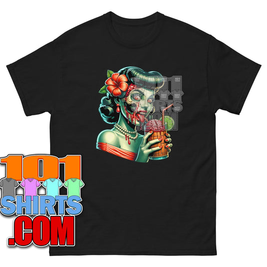 Zombie Pin-Up Girl Cocktail T-Shirt | Hawaiian Horror Tiki Art | Spooky Retro Tee