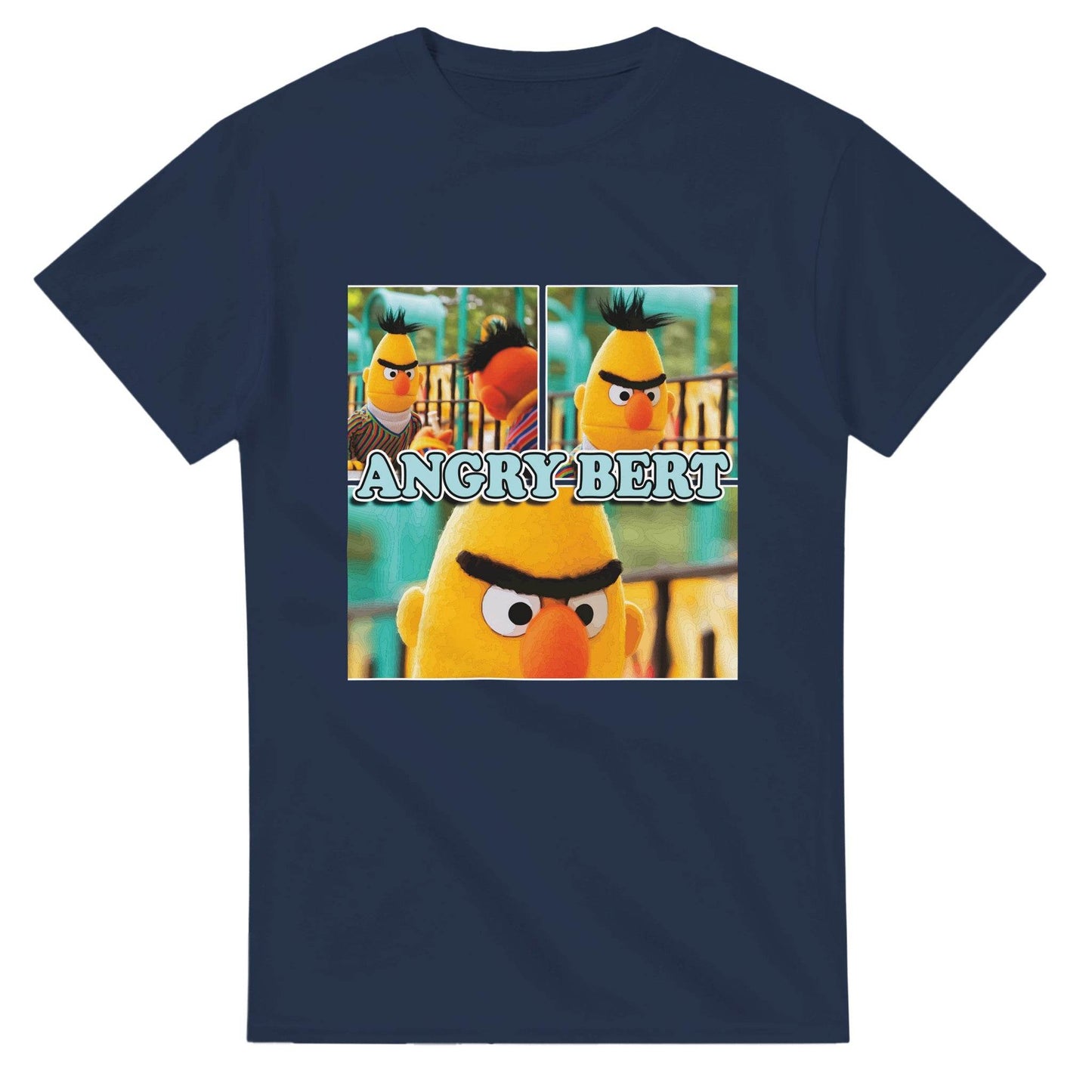 Navy blue Angry Bert t-shirt with colorful cartoon character graphic on front by 101SHIRTS