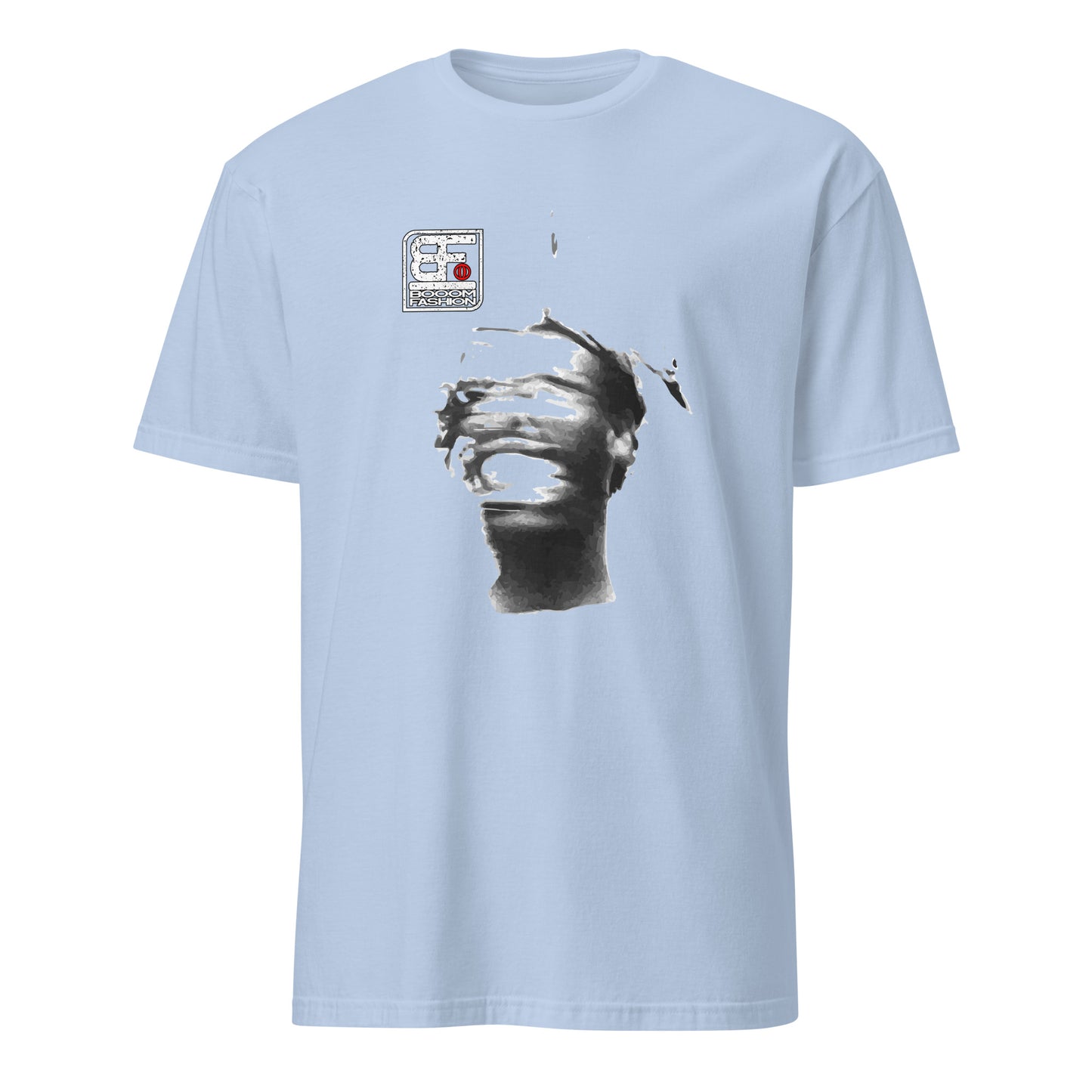 101SHIRTS light blue face blur art print t-shirt with abstract blurred portrait and small stamp logo