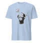 101SHIRTS light blue face blur art print t-shirt with abstract blurred portrait and small stamp logo