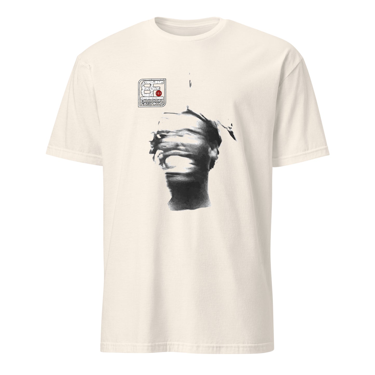 101SHIRTS cream tee with centered black abstract face blur art print t-shirt and small chest patch detail