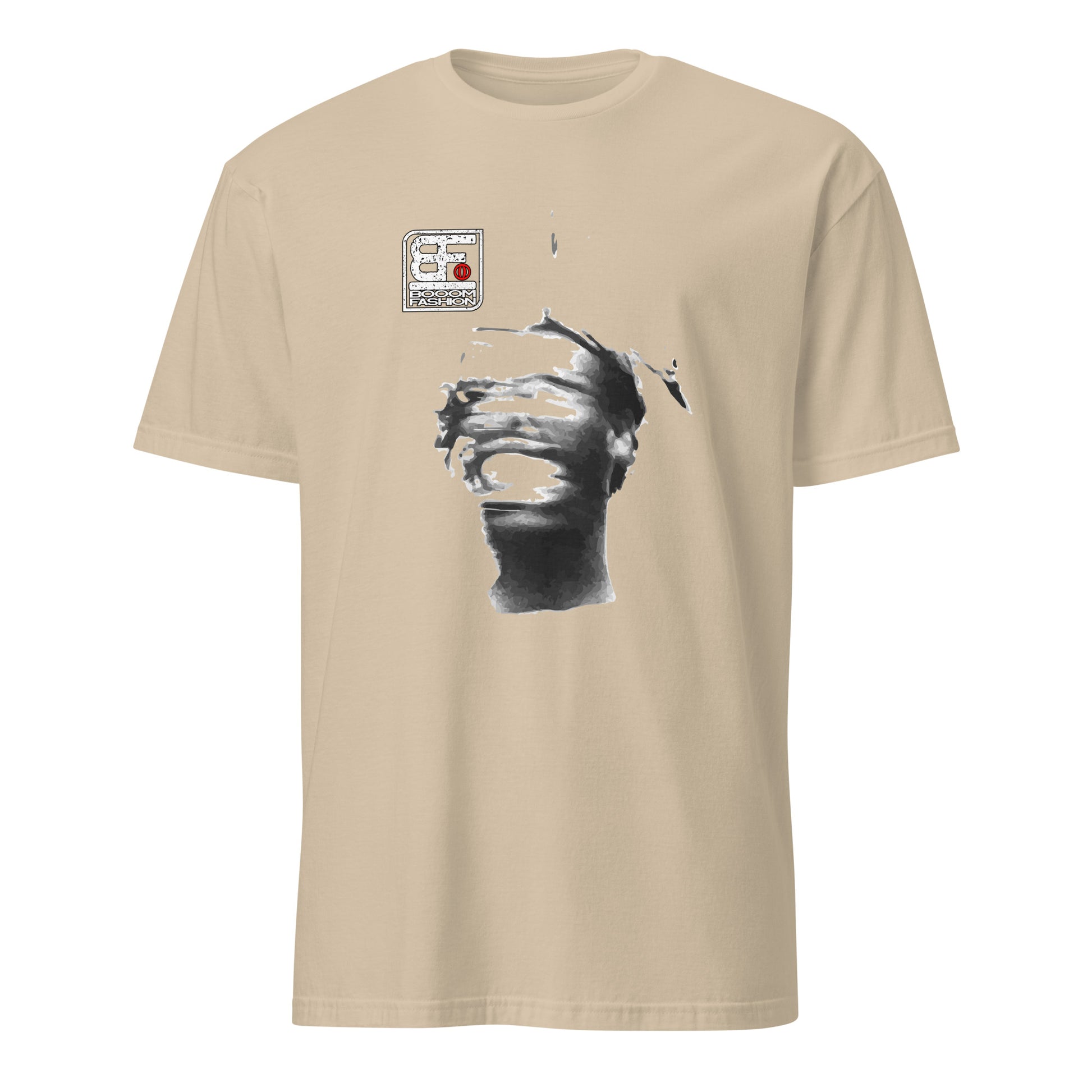 101SHIRTS beige cotton tee with monochrome distorted portrait and face blur art print t-shirt design