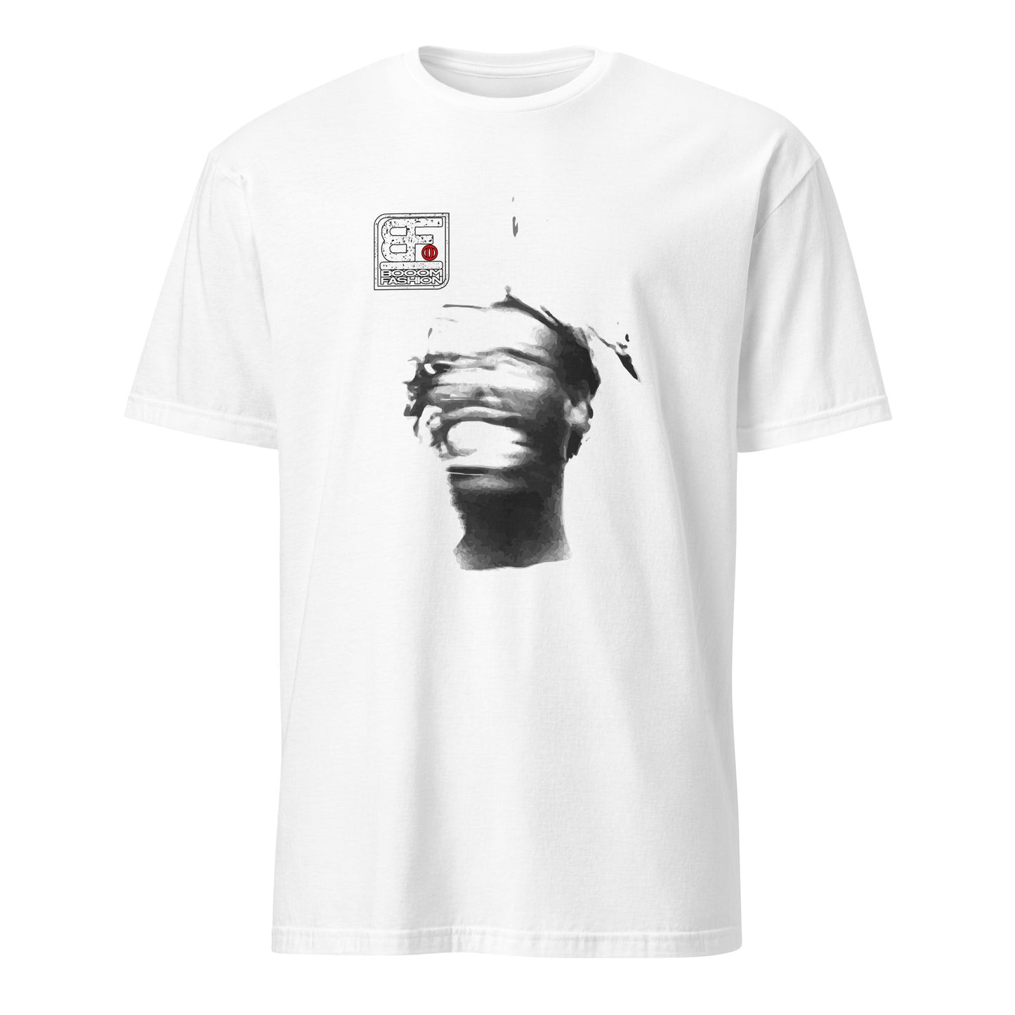 101SHIRTS white tee with abstract smeared portrait and face blur art print t-shirt design for street style