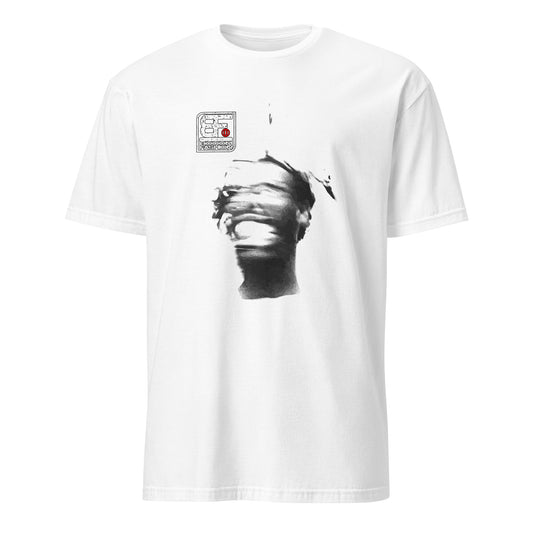 101SHIRTS white tee with abstract smeared portrait and face blur art print t-shirt design for street style
