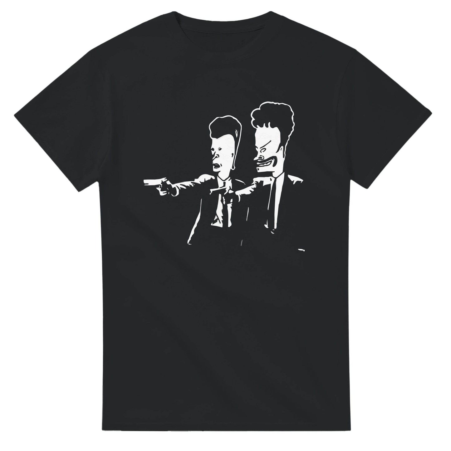 Black Beavis and Butt-Head parody t-shirt featuring cartoon characters in suits holding guns