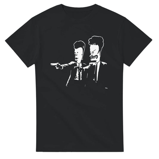 Black Beavis and Butt-Head parody t-shirt featuring cartoon characters in suits holding guns