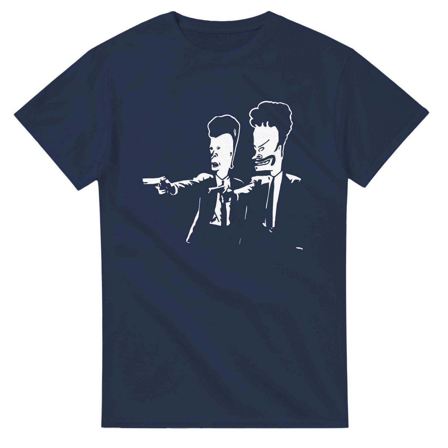 Navy blue 101SHIRTS Beavis and Butt-Head parody t-shirt with black suit character graphic