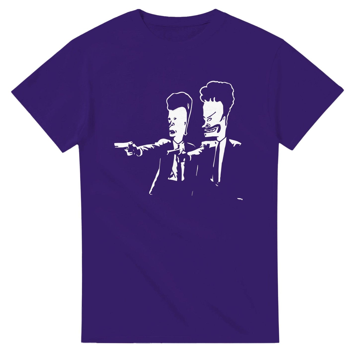 Purple Beavis and Butt-Head parody t-shirt featuring cartoon characters in suits with a gun