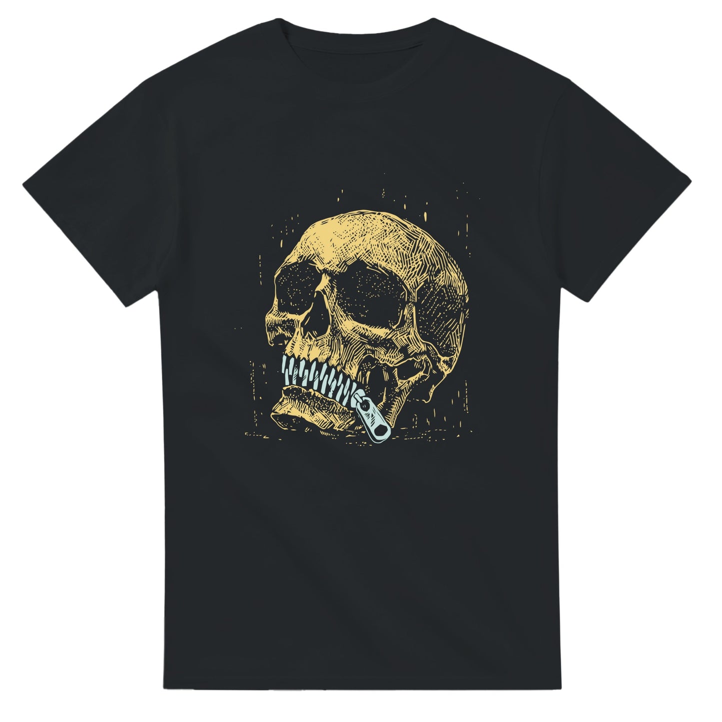 Black T-shirt from 101SHIRTS featuring a skeleton zipper mouth shirt graphic design