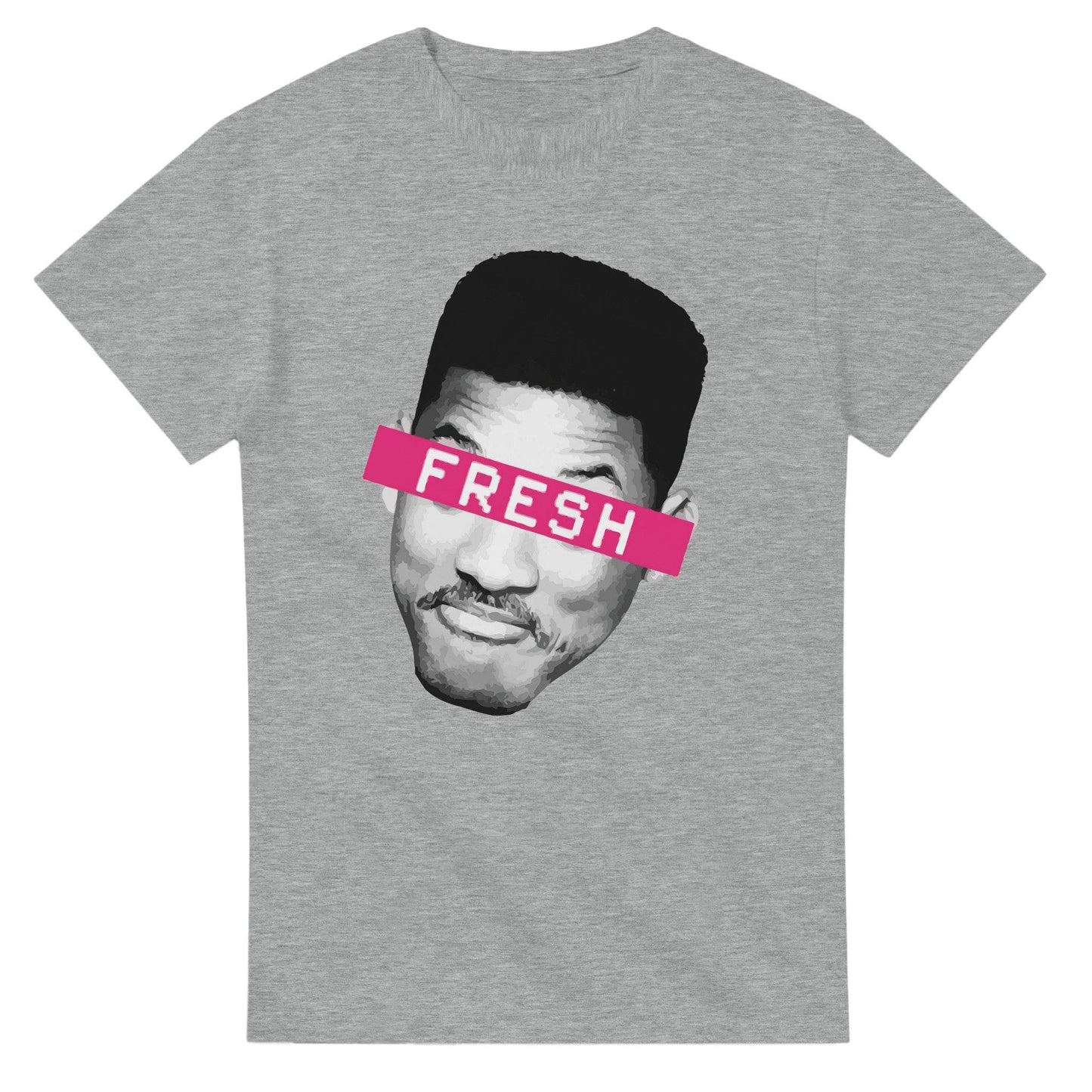 Gray Fresh Prince of Bel Air T-Shirt with graphic of a face and pink FRESH text block
