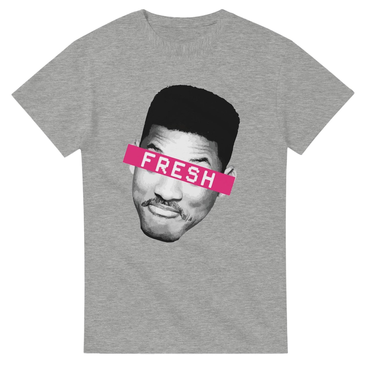Gray Fresh Prince of Bel Air T-Shirt featuring a graphic face with pink Fresh text across the eyes