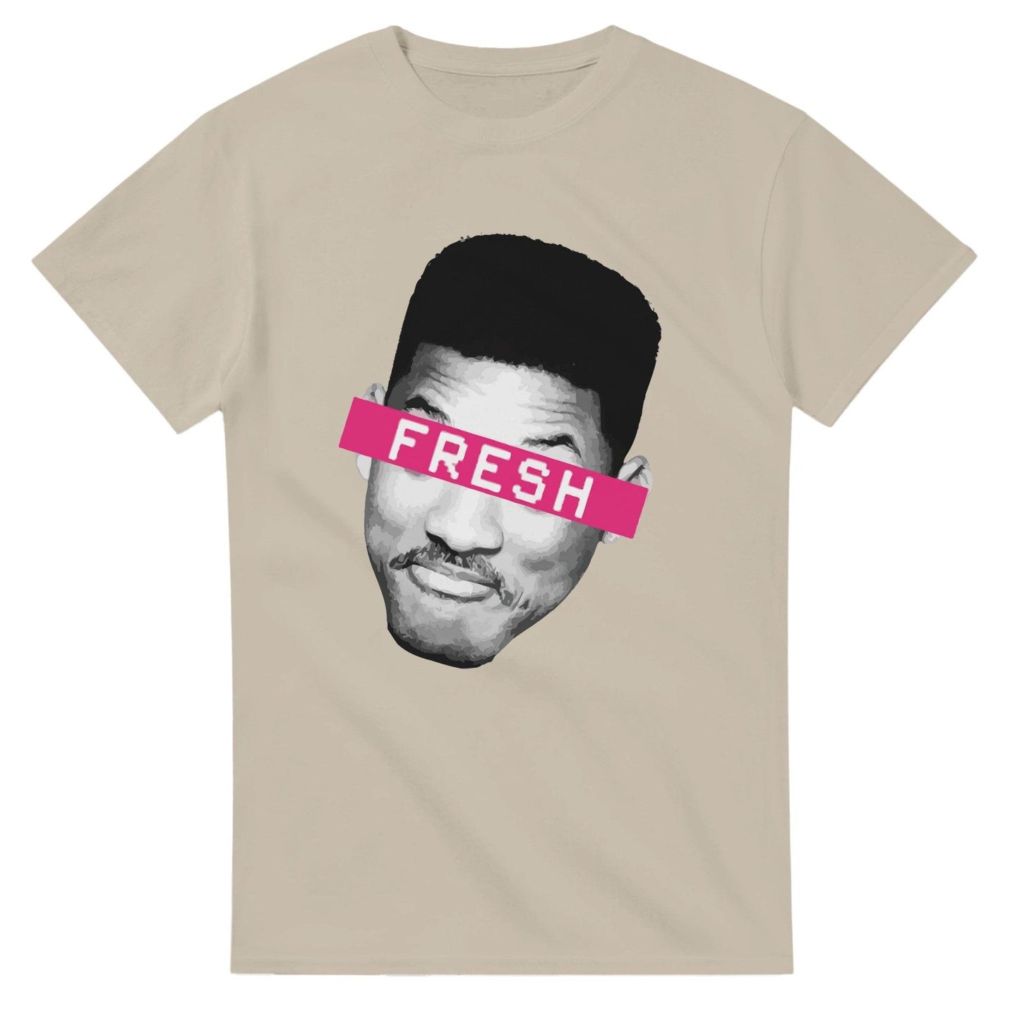 101SHIRTS beige Fresh Prince of Bel Air T-Shirt with black and white face graphic and pink fresh label