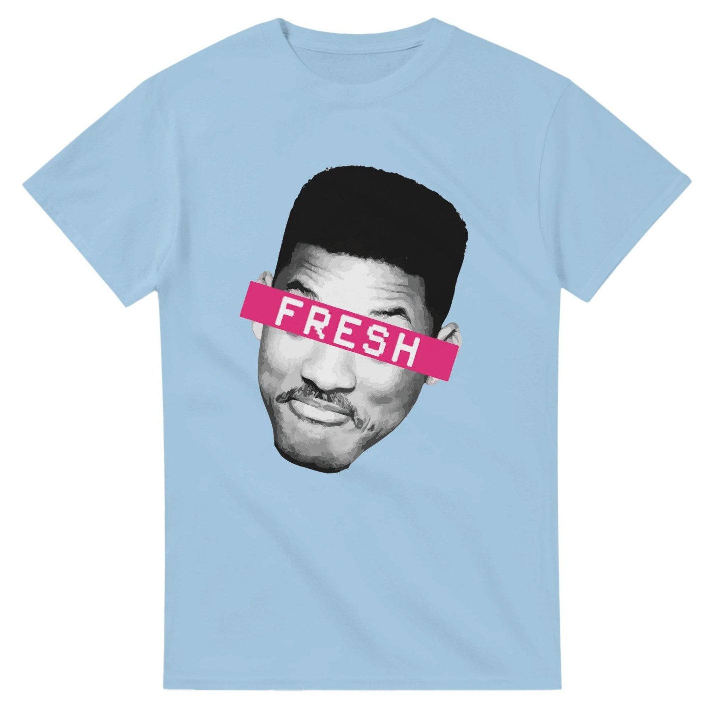 Light blue Fresh Prince of Bel Air T-Shirt featuring graphic face with pink FRESH banner