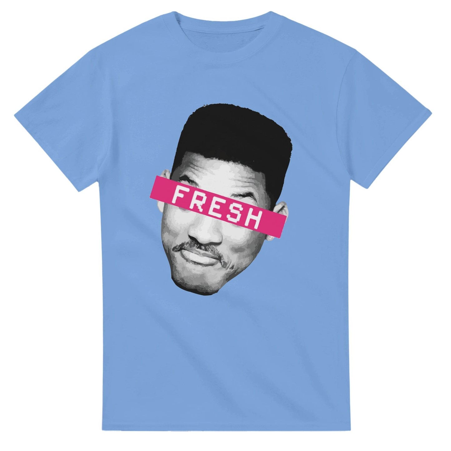 101SHIRTS light blue Fresh Prince of Bel Air T-Shirt with black and white face graphic and pink FRESH text