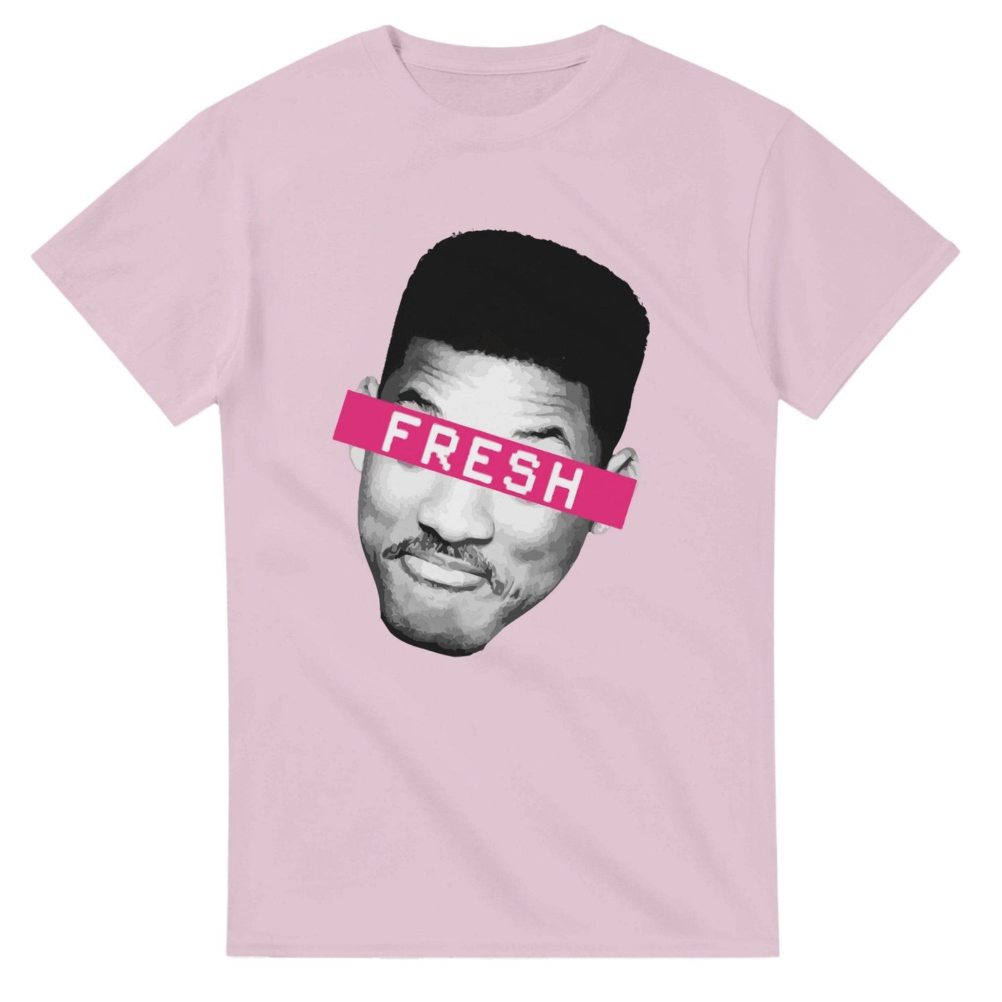 101SHIRTS Fresh Prince of Bel Air T-Shirt with iconic graphic face and fresh text on pink background