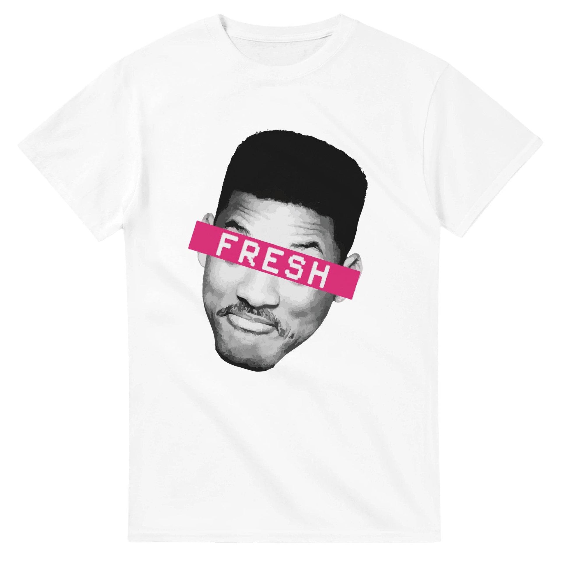 101SHIRTS white Fresh Prince of Bel Air T-Shirt with black and white face graphic and pink FRESH label